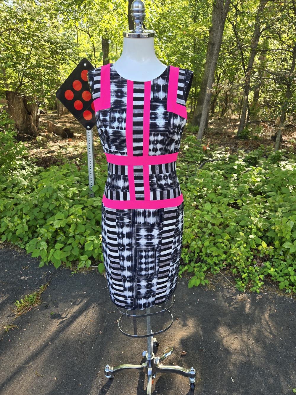 BCBGMaxAzria Black & White Patterned Midi Dress with Hot Pink Trim